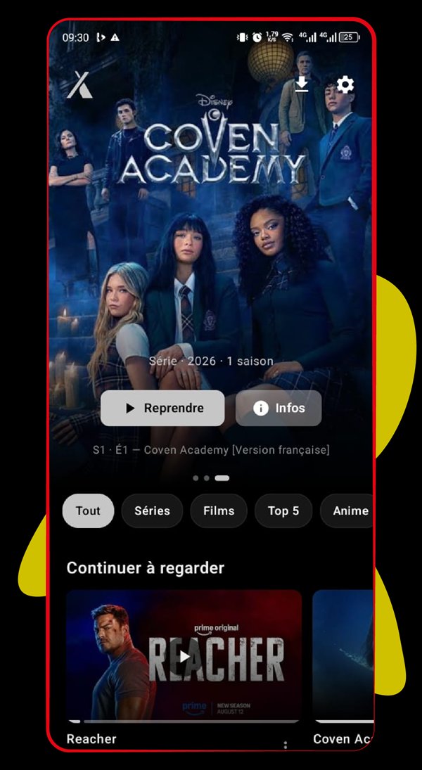 Aperçu de l'application xyd : page d'accueil avec reprise de lecture et « Continuer à regarder ».
